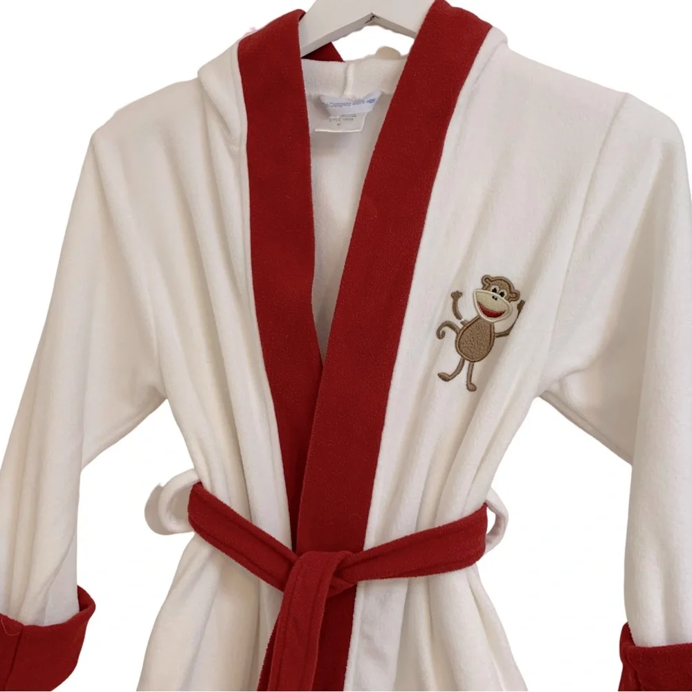 The Company Store Bathrobe Boys or Girls Hooded Fleece Size Med White Burgundy